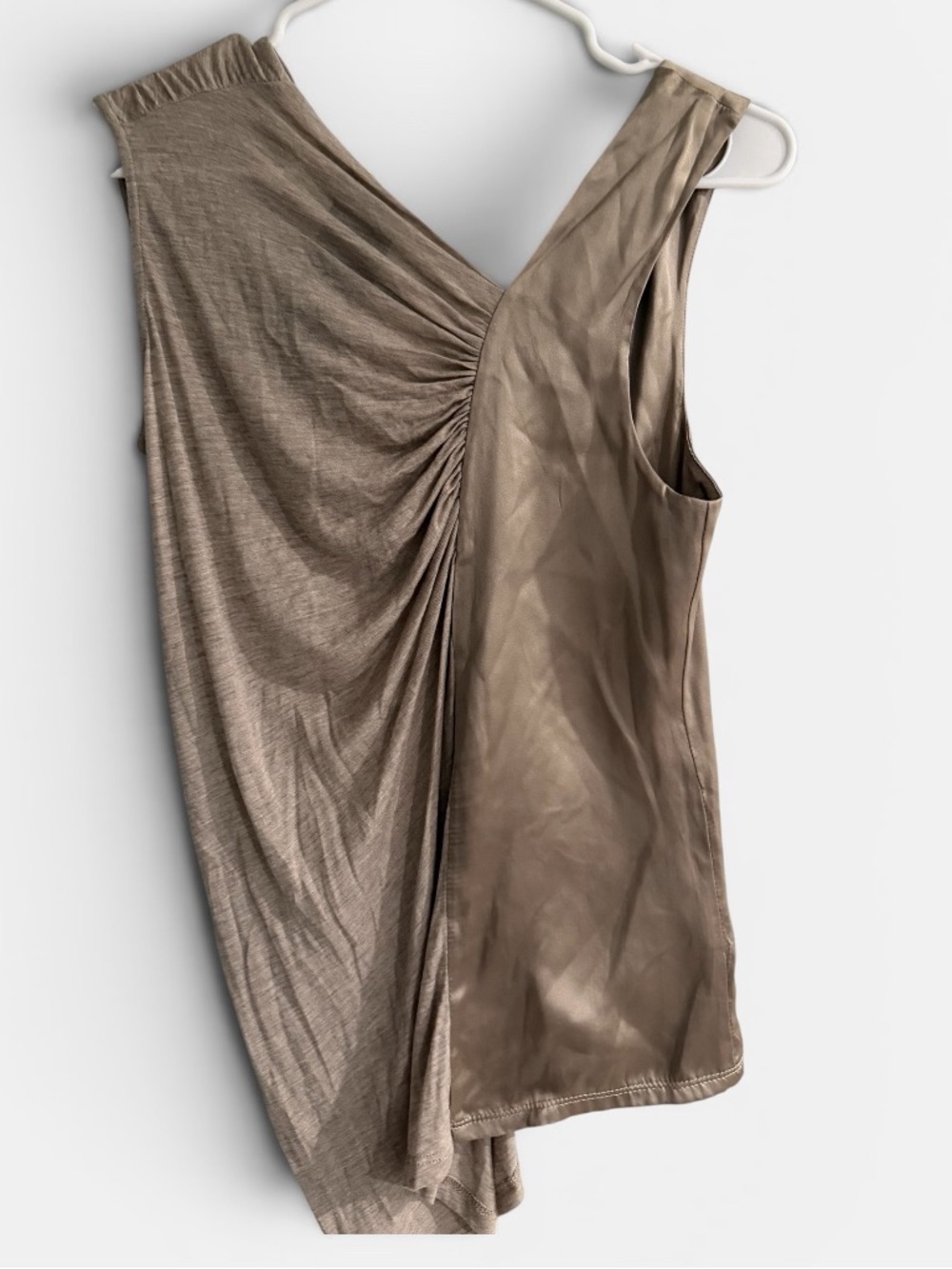 Taupe Satin-Blend Ruched V-Neck Asymmetrical Cami - Picture 3 of 5